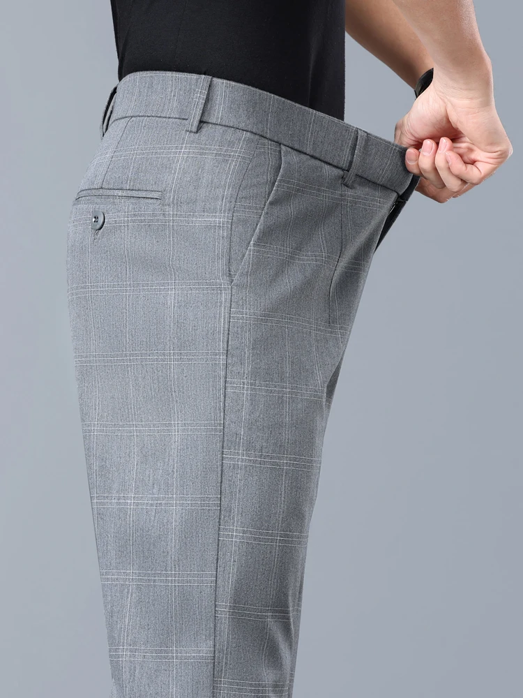 Summer Thin Plaid Formal Stretch Pants Men Slim Business Grey Black Casual Pant Fashion Male Clothing England Trousers