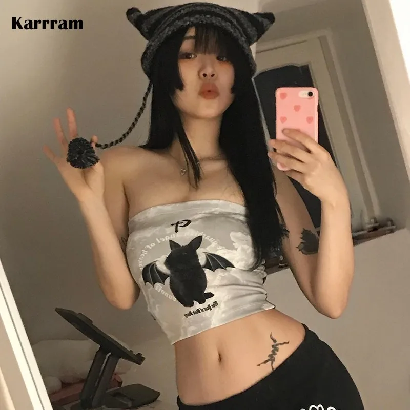 Karrram Grunge Aesthetics Tube Top Korean Fashion Designer Clothes Y2k Rabbit Print Tank Top Kpop Chic Corset Fairycore Harajuku