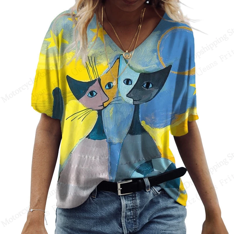 مضحك القط هريرة البومة نمط ثلاثية الأبعاد تي شيرت مطبوع المرأة موضة عادية الخامس الرقبة قصيرة الأكمام بلايز تيز حجم كبير تي شيرت النساء الملابس #1