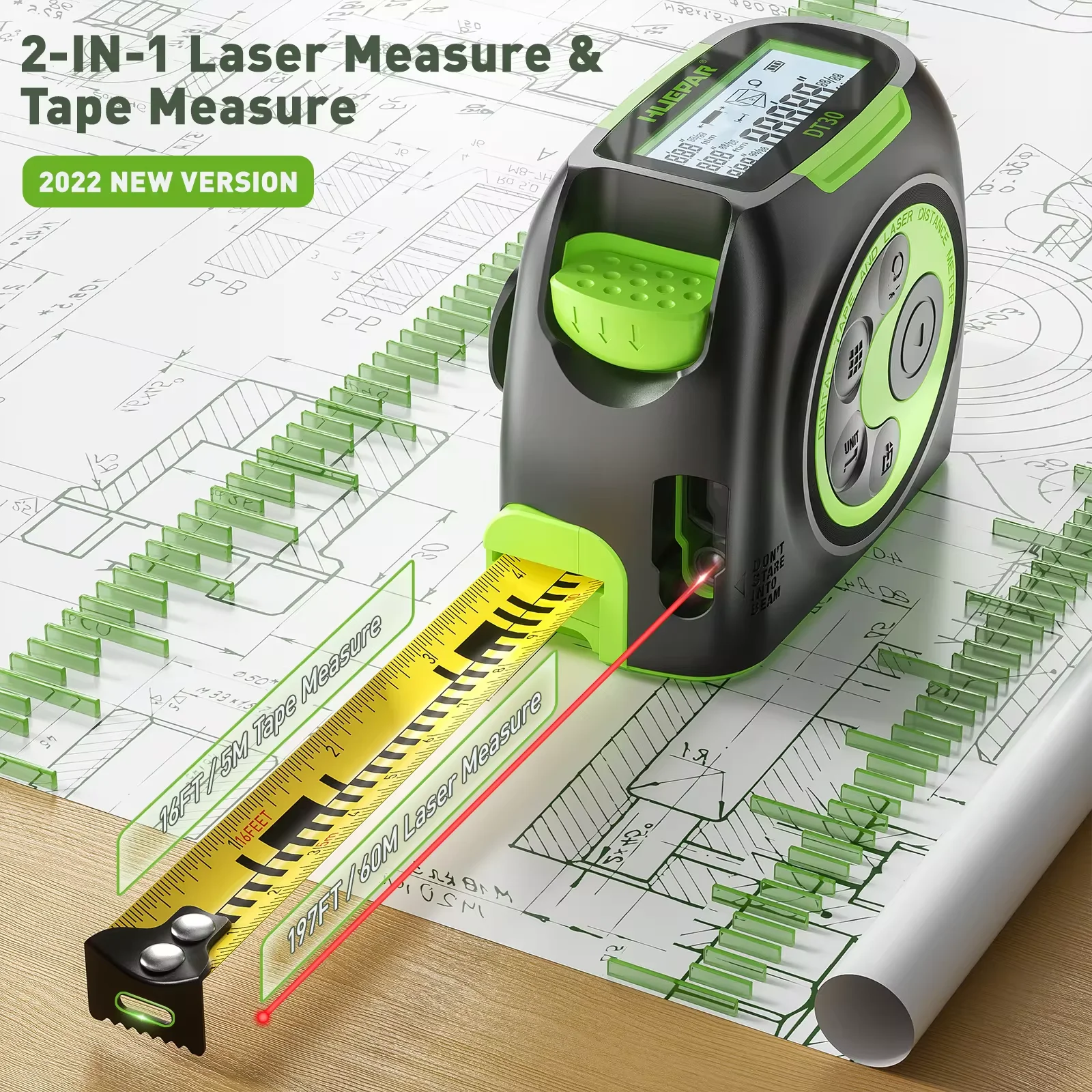 Huepar Digital 60M 197ft Laser Measuring 2-in-1 Tape Measure With Measurement LCD Display Inch / Cm Scalable Distance Meter DT30