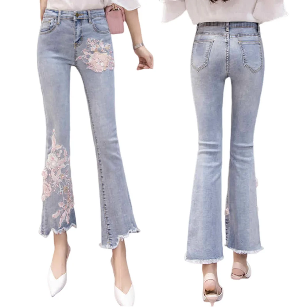 

Spring Summer 3D Flower Embroidery Jeans, Women's Tight fitting Jeans Nail Bead Lace Ankel-Length Pants