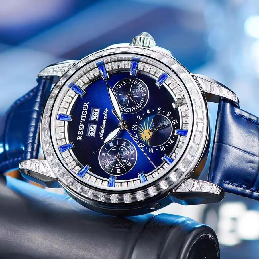 Reef Tiger Men Automatic Watch 42.7mm Mechanical Wristwatch Sapphire Luminous Multi-Dial Year Month Week Date Crystal Bezel