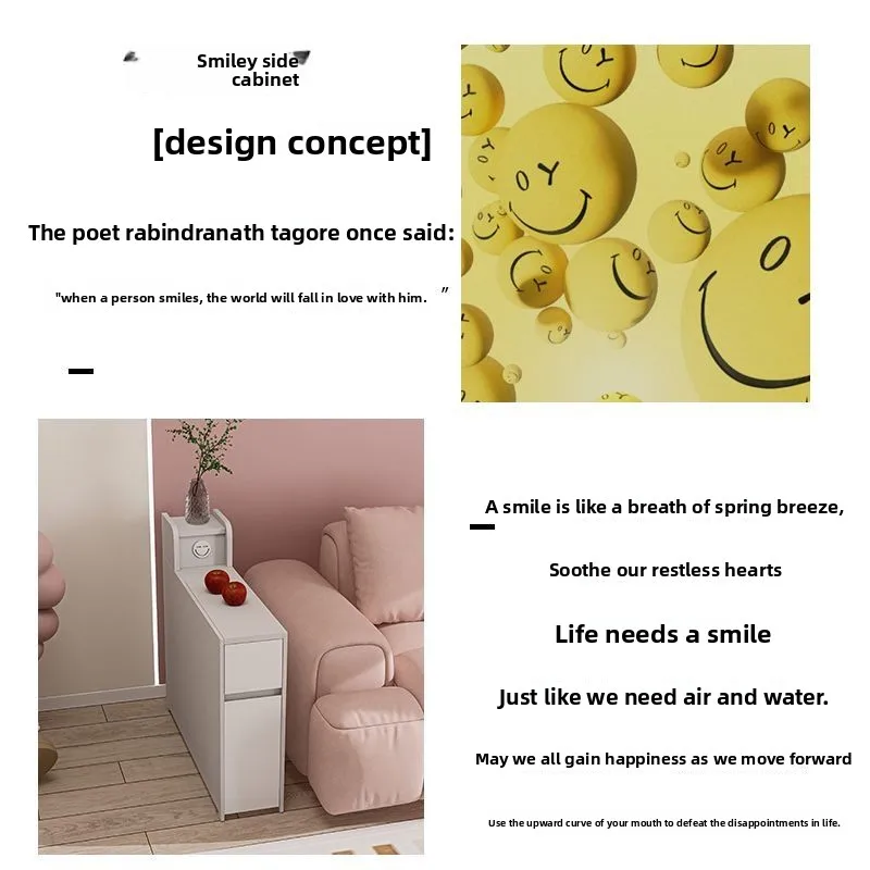 Light luxury sofa side cabinet, solid wood living room with smiling charging socket, simple modern narrow storage cabinet