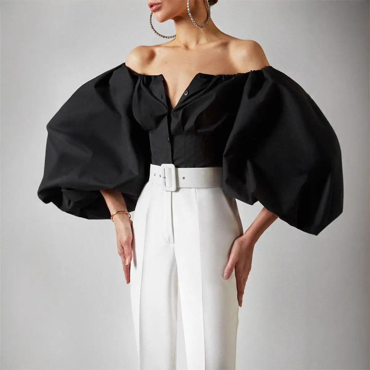 

Ele Long Sve Bubble Lantern Sve Women's irt Top Spring Summer New Design oulder Bared Lace Snowflake Pattern