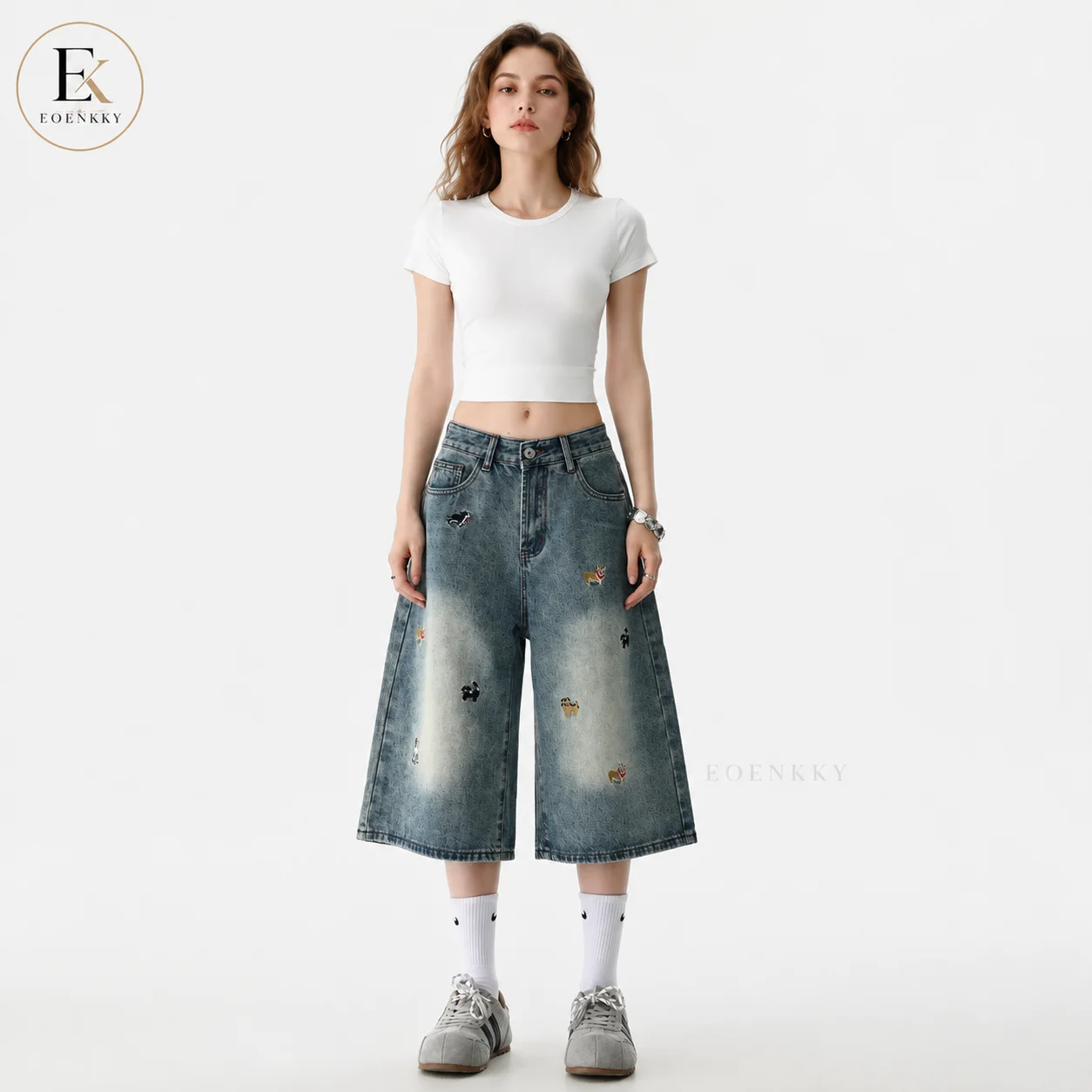 Women Wide Leg Cropped Jeans Dog Embroidery Washed Denim Culottes Loose Vintage Casual Pants Spring Summer