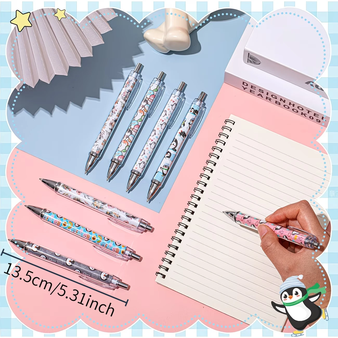 9pcs Penguin Design Ballpoint Pen Black Ink Exquisite Pen Holder Smooth Writing Student Classroom Office Supplies