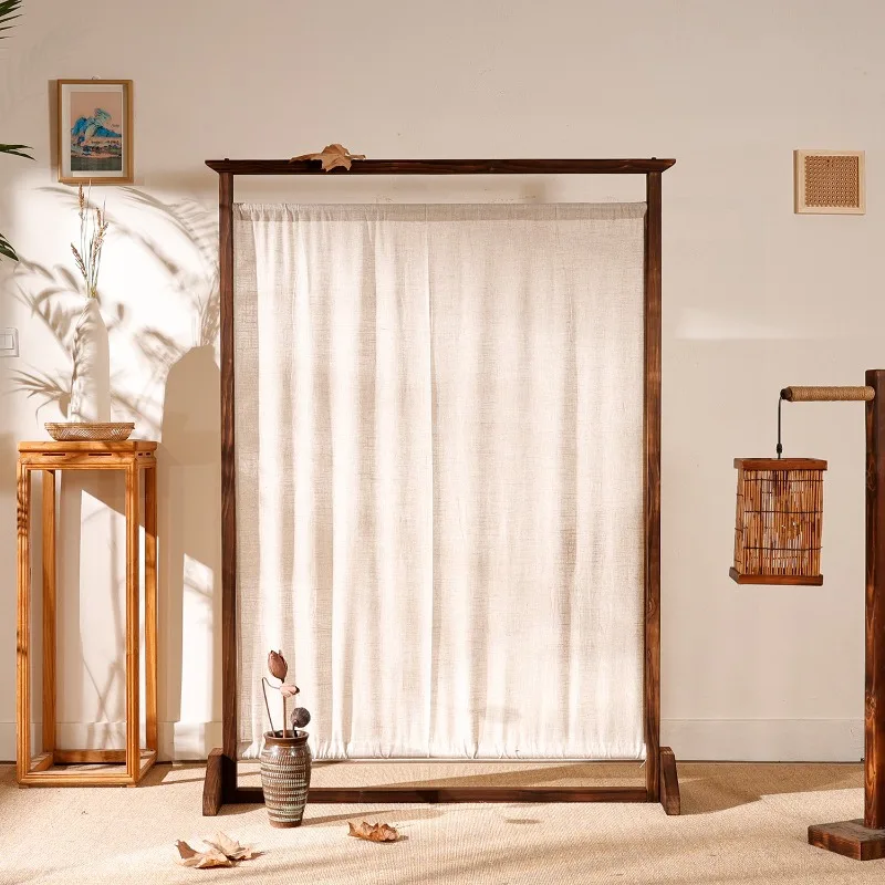 

Chinese solid wood linen screen partition living room entrance simple modern tea room fabric entry blocking retro seat screen
