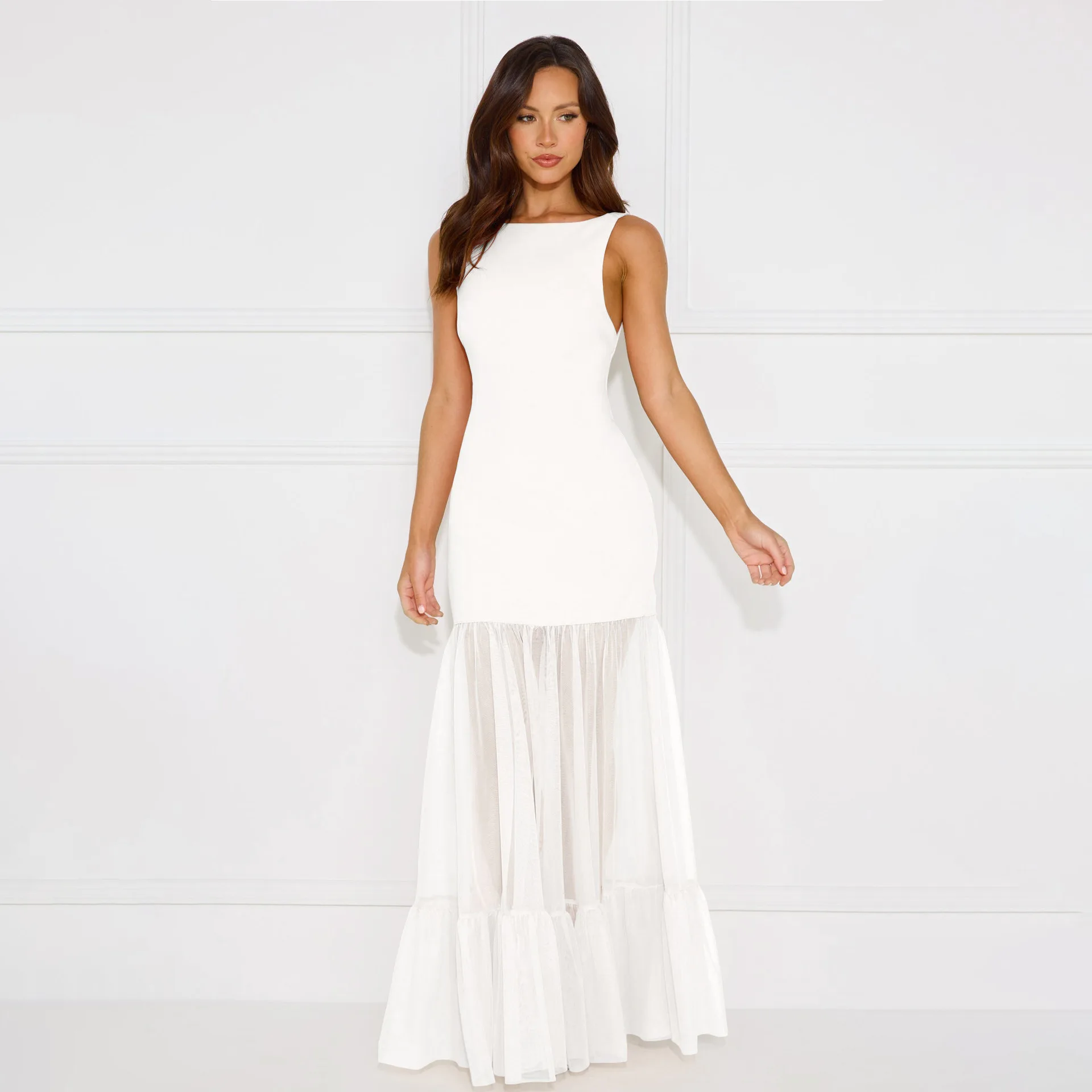 

Women's Fashionable Dress With Mesh Splicing Perspective Sleeveless Style Elegant Spring Summer Solid Color Jumpsuit Long Skirt