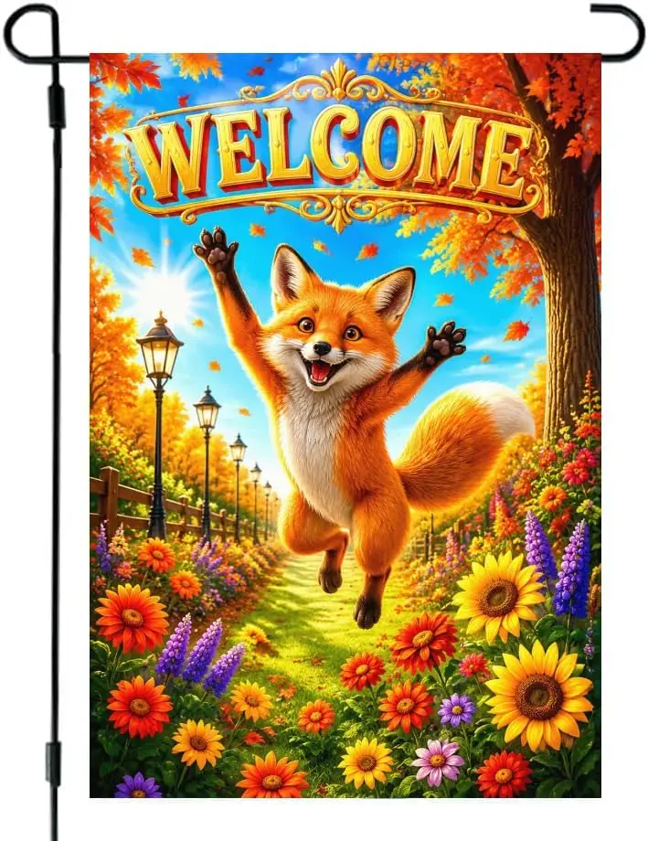 Fox Garden Flag 28x40 Inch Linen Double Sided Rustic Welcome Fox Garden Scene with Vibrant Flowers Golden Trees and Autumn L kkz