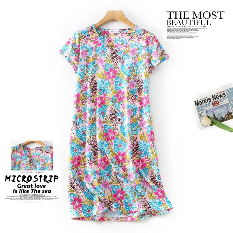 Summer Women Casual Cartoon Sleep Dress Cotton Loungewear Nightgown Female Short Sleeve Top Quality Loose Home Dress Plus Size - view 4