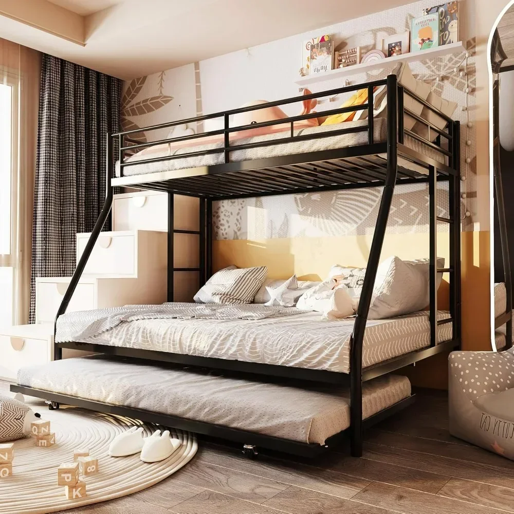 Metal Bunk Bed Twin Over Full, Loft Beds with 2 Secured Ladders, Trundle Bed Twin with Daybed, Space-Saving Bed Frame