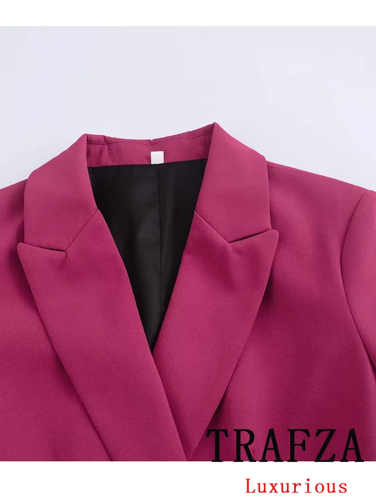 TRAFZA Vintage Chic Office Lady Pink Solid Women Suit Pockets V Neck Blazer Straight Loose Pants New Fashion 2024 Autumn Sets