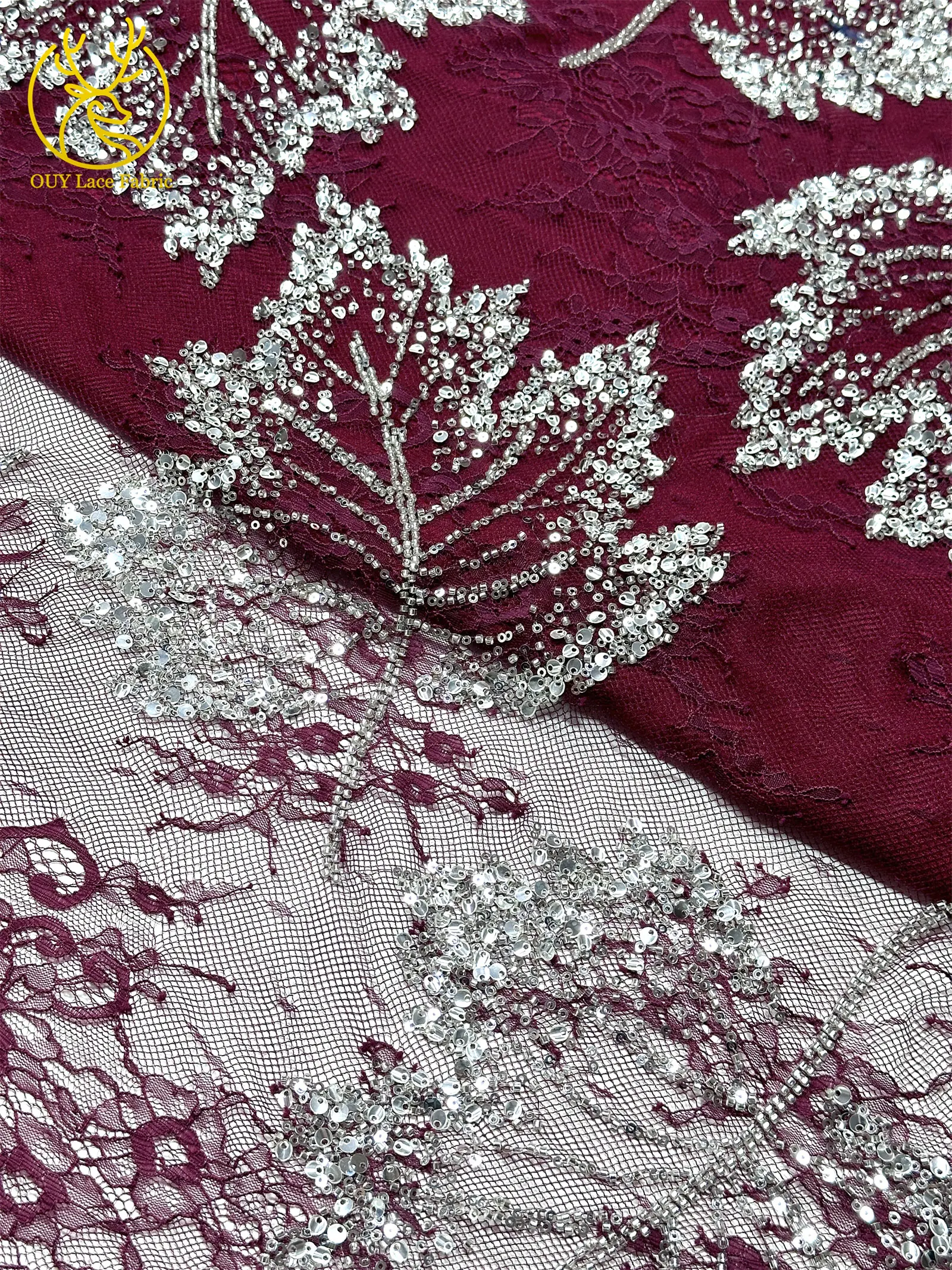 Weinroter afrikanischer bestickter Perlen-Spitzenstoff, 5 Yards, französisches Blattmuster, Pailletten-Tüll-Spitzenstoff für Hochzeits- und Partykleider – Detail 10
