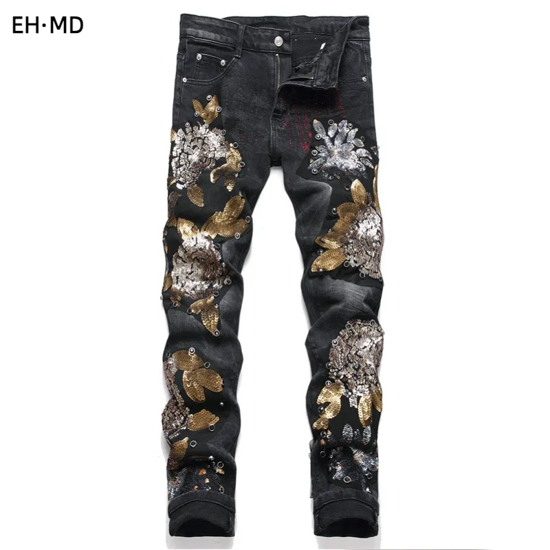 Pocket Drill Goldfish Embroidery Jeans Men's Summer Europe Style Reflective Premium Black High Street Fashion Zipper Slim Pants