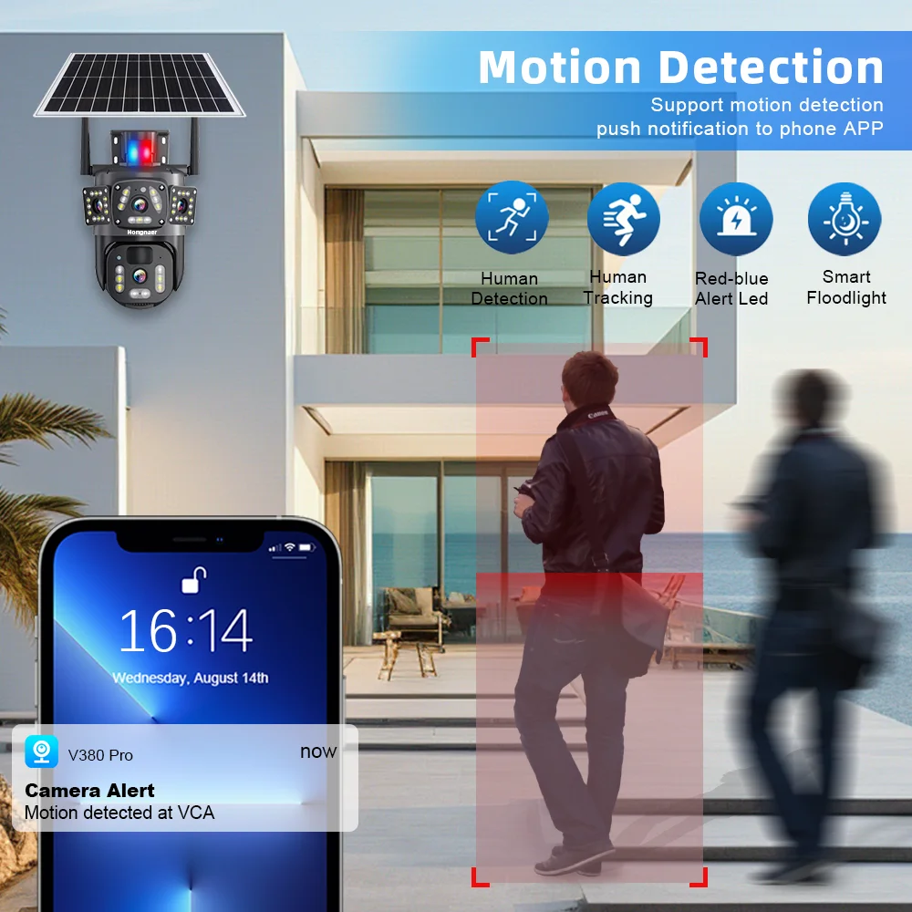 Hongnaer 8MP 4K V380 Pro 2 Lens Wireless Solar Panel Powered IP PTZ Home Outdoor Security WiFi CCTV Solar Camera