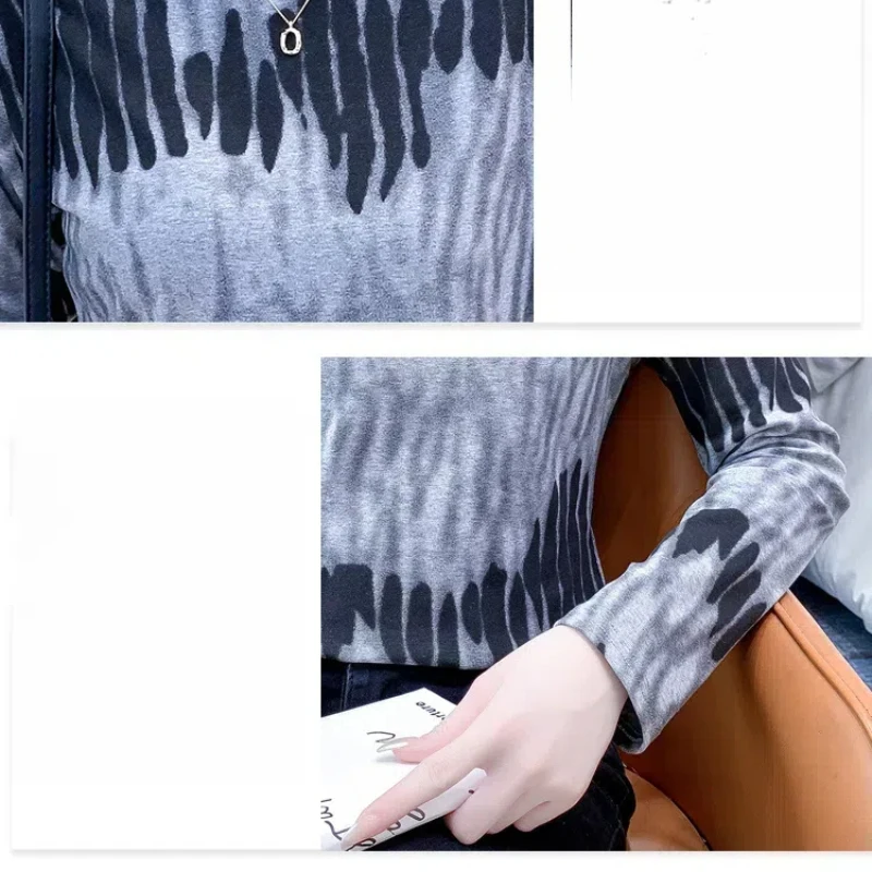 Women\'s Clothing Long Sleeve Round Neck Contrast Color Tie Dye Pullover T-shirt Spring Autumn Comfortable Fashionable Tops