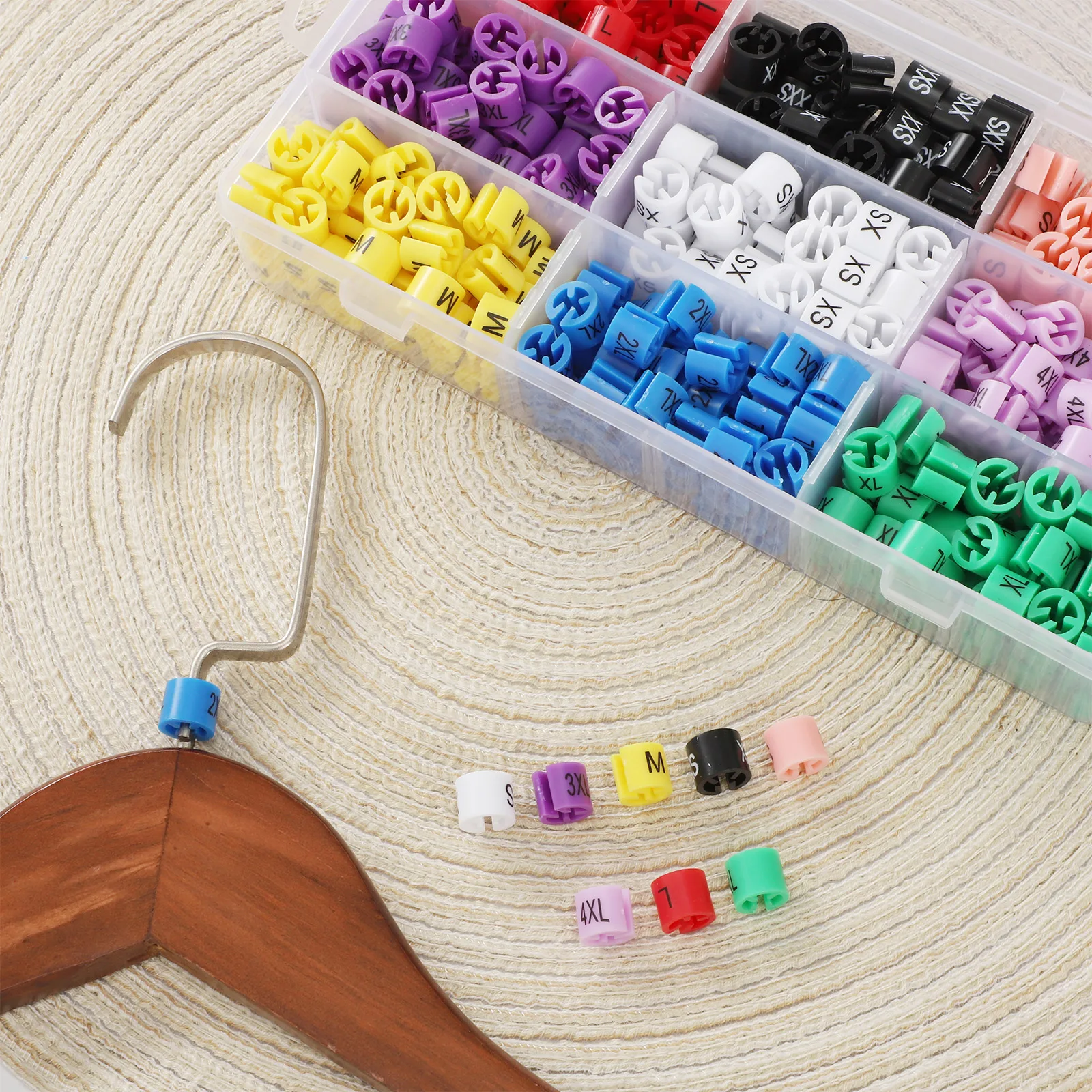 Assorted Color Clothes Hanger Size Clip Tags With Storage Box Mini Measurement Marking Loops Rings Garment Hanger Classification