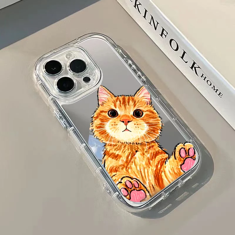 Cartoon Cute Orange Cat Mirror Phone Case For iPhone 11 12 13 14 15 16 17 Pro Max 7 8 Plus XR X XS 16E 17E Shockproof Back Cover view 5