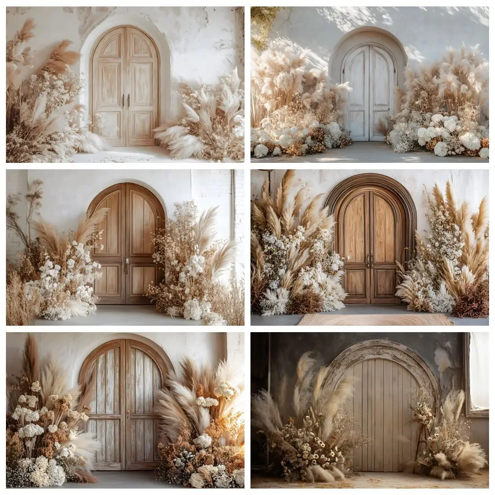 

Boho Pampas Grass Wood Door Backdrop for Photography Wedding Portrait Birthday Party Pregnant Art Photo Background Wall Decor