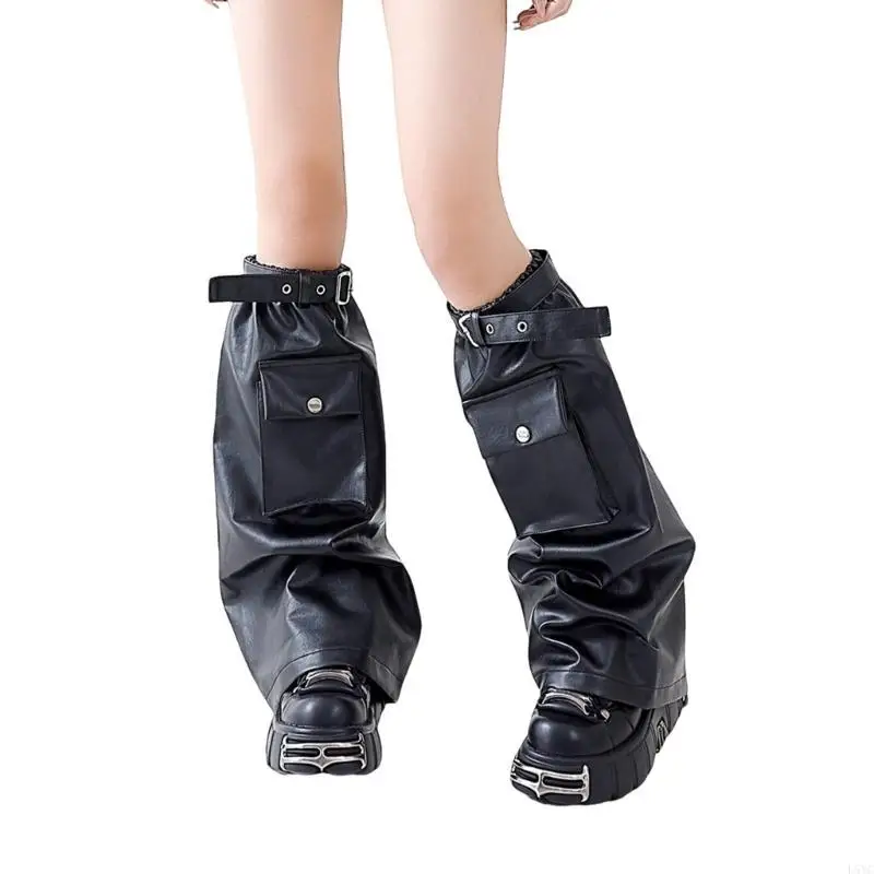 L5YC Black Leg Warmers with Flap Pocket for Women Punk Eyelet Strap Harajuku Faux Leather Boot Covers Long Socks Streetwear