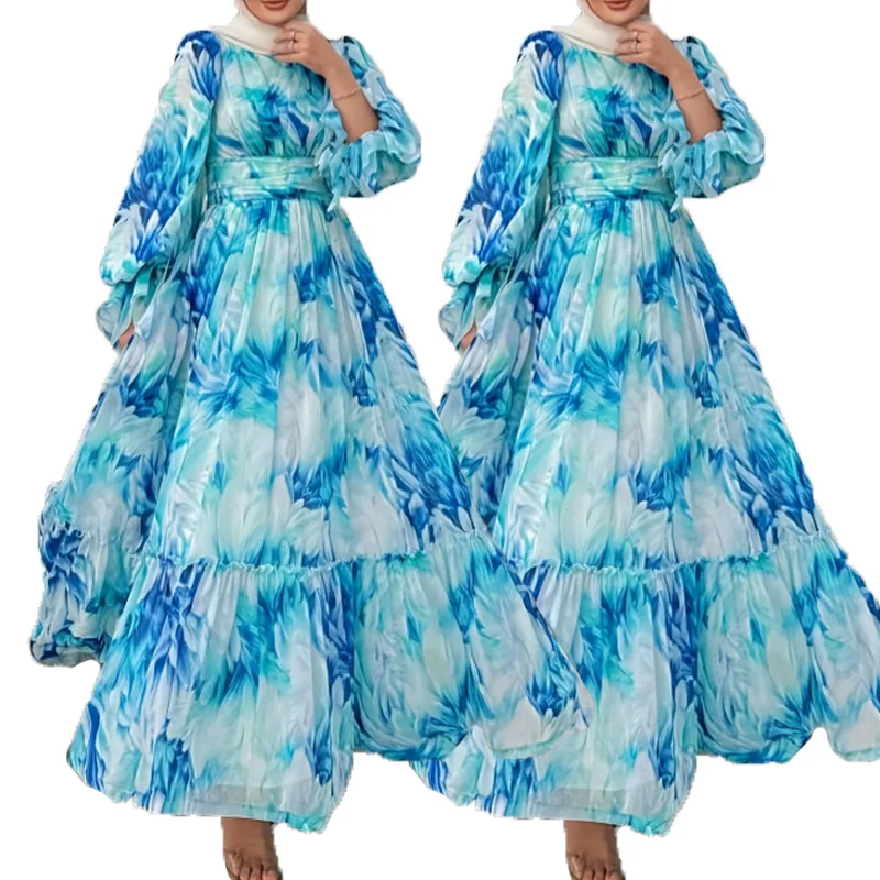 

Muslim Fashion Dress Abaya Vintage Stand Collar Tunic Slim Pleated Midi Dress for Women Empire Printed Lace Dress Abayas