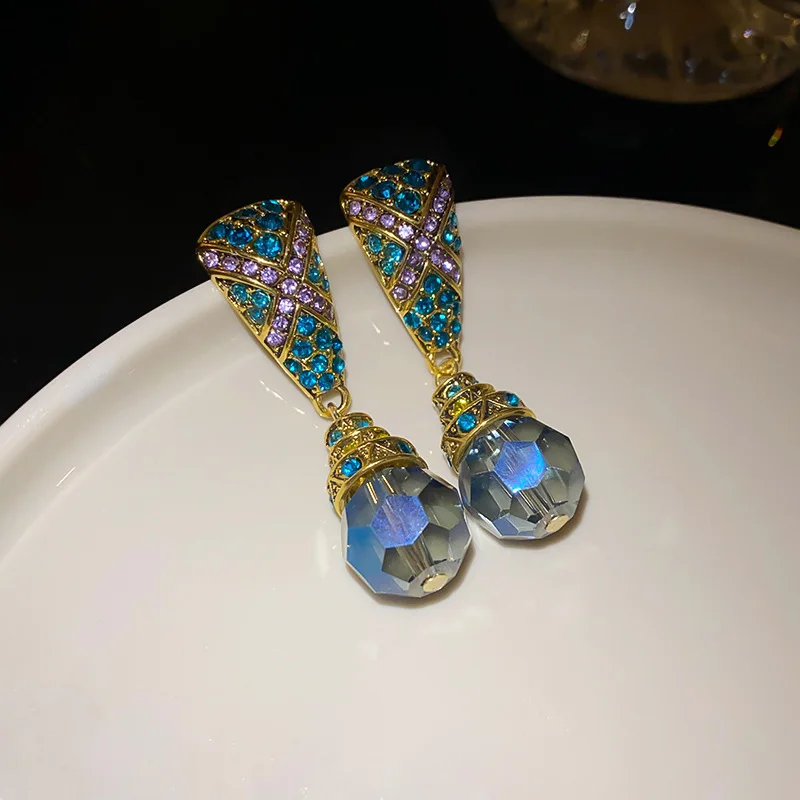 Women's Vintage Blue Water Drop Crystal Clip Earrings