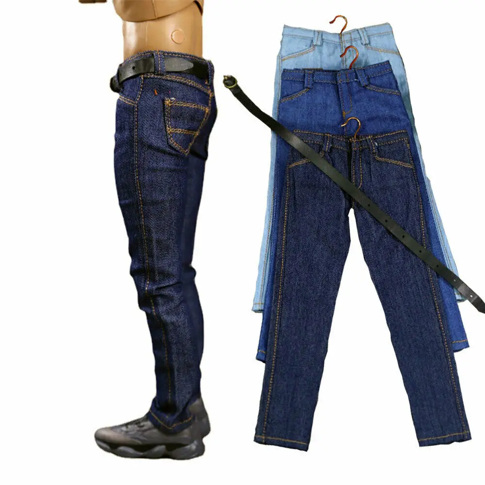 1/6 escala soldado clássico slim calças jeans jeans & cinto modelo para 12 Polegada masculino figura de ação bonecas do corpo brinquedo acessórios de vestuário