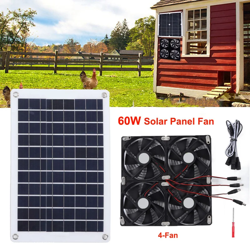 

60W Solar Panel Exhaust Fan Air Extractor 12V 4-Fan Mini Ventilator Solar Panel Powered Fan for Dog Chicken House Greenhouse RV