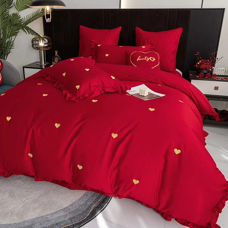 160 thread count cotton love wedding four piece set, big red wedding dowry, happy on the bed