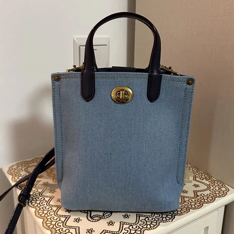 Denim Blue Mini Tote Bags For Women Luxury Designer Handbags Purses 2024 New In Fashion Simple Lock Decorate Shoulder Crossbody