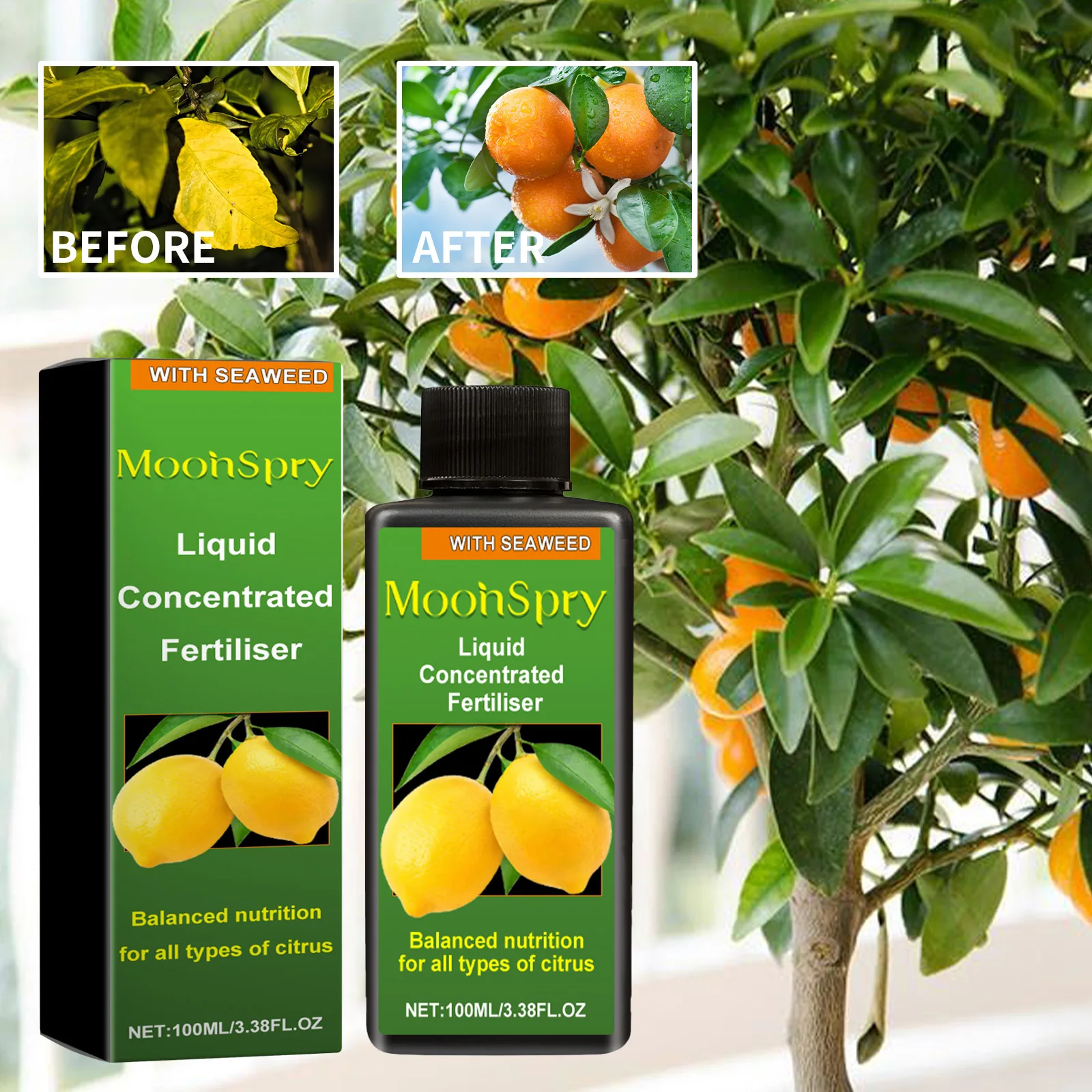 Liquid concentrated fertilizer; citrus orange lemon plant supplement fertilizer balanced nutrition solution.