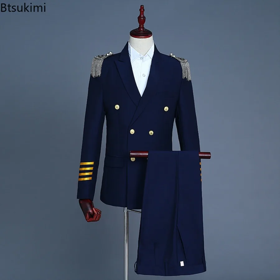 

Airline Captain Uniform for Men Party Career Day Dress Up Pilot Cosplay Costume Officer Work Clothes Two Piece Sets Jacket Pants