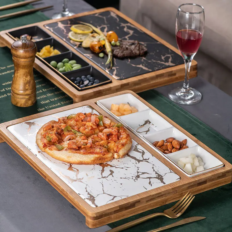 

Nordic restaurant pizza snack plate square ceramic plate creative gold patterned Western plate with grilled steak plate