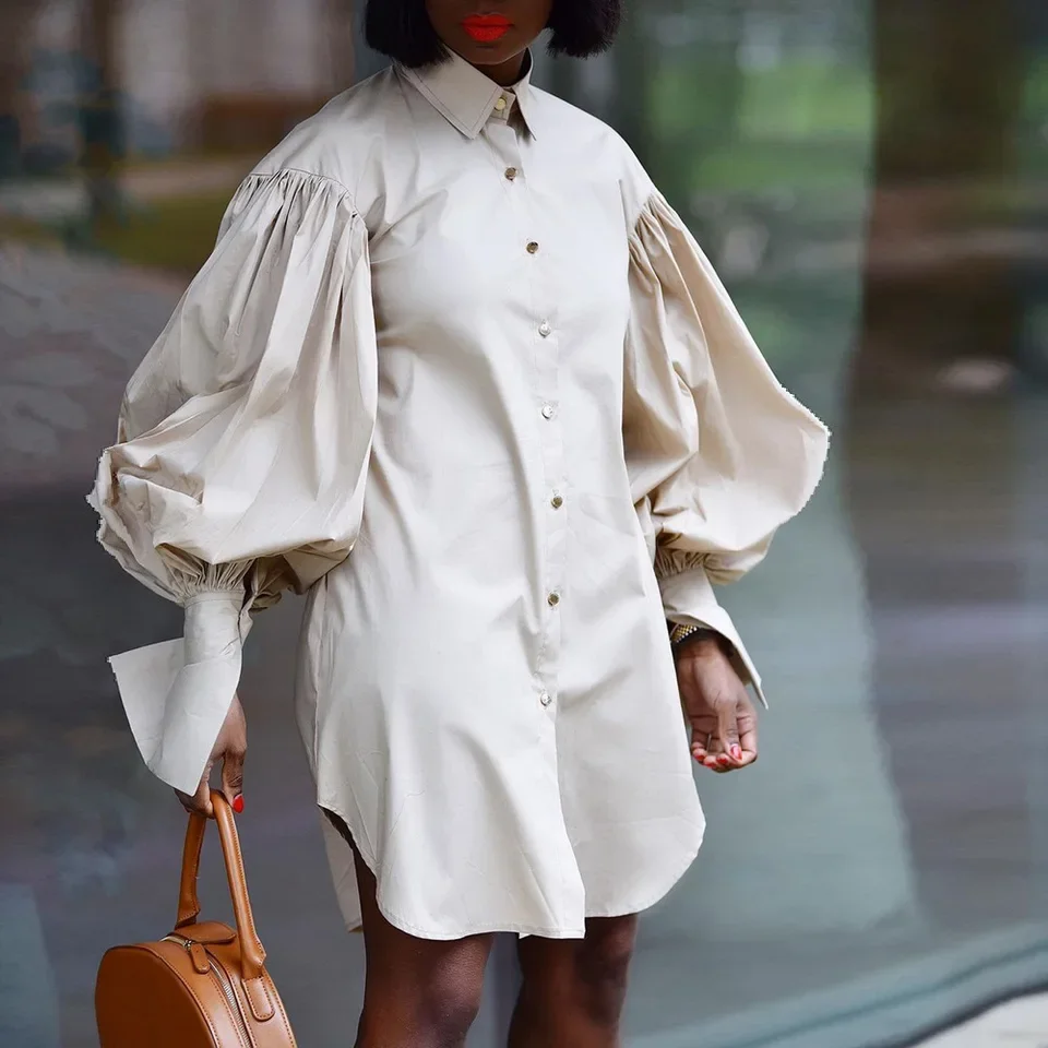 Robe chemise ample à manches bouffantes pour femmes, grande taille européenne et américaine, couleur unie, décontractée, manches longues, robes de soirée élégantes pour femmes