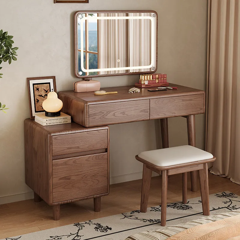 

Small Modern Wooden Dressing Table with Lighted Mirror Storage Panel Design in Walnut Color for Apartment and Hotel Bedroom