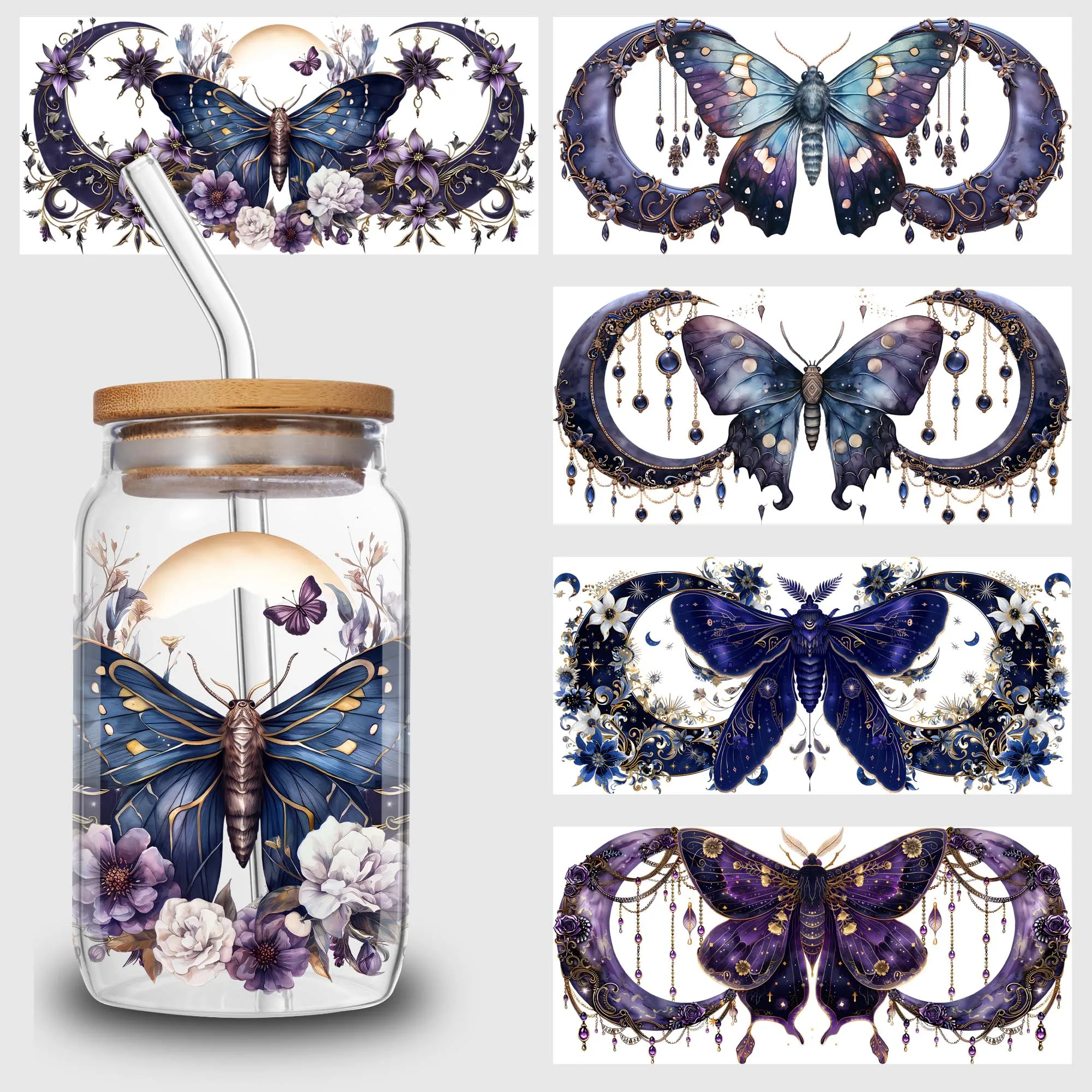 5 sheet Moon Butterfly UV DTF Cup Stickers, DTF Transfer Stickers, Waterproof Wipe Transfer Paper for 16oz Glass, Mug, Crafts