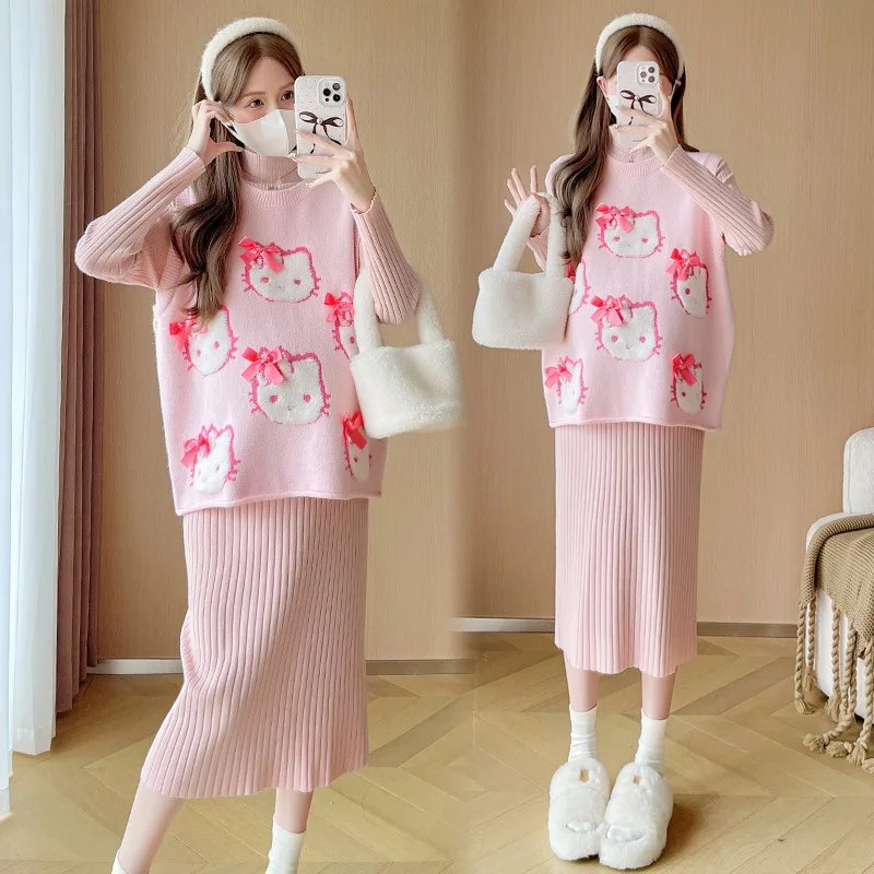 

Pure Cotton Women's Dress Vest Set Maternity Wear Autumn and Winter Knitted Loose Two-Piece Set Sanrio Hello Kitty Girls Gift