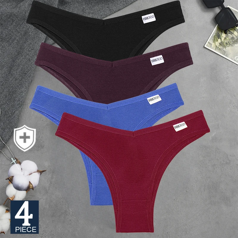 FINETOO 4er-Set V-Taille Baumwoll-Slips Niedrig Geschnittene Damen-Tangas Sexy Bikini Brasilianische Höschen Unterwäsche Dessous für Frauen