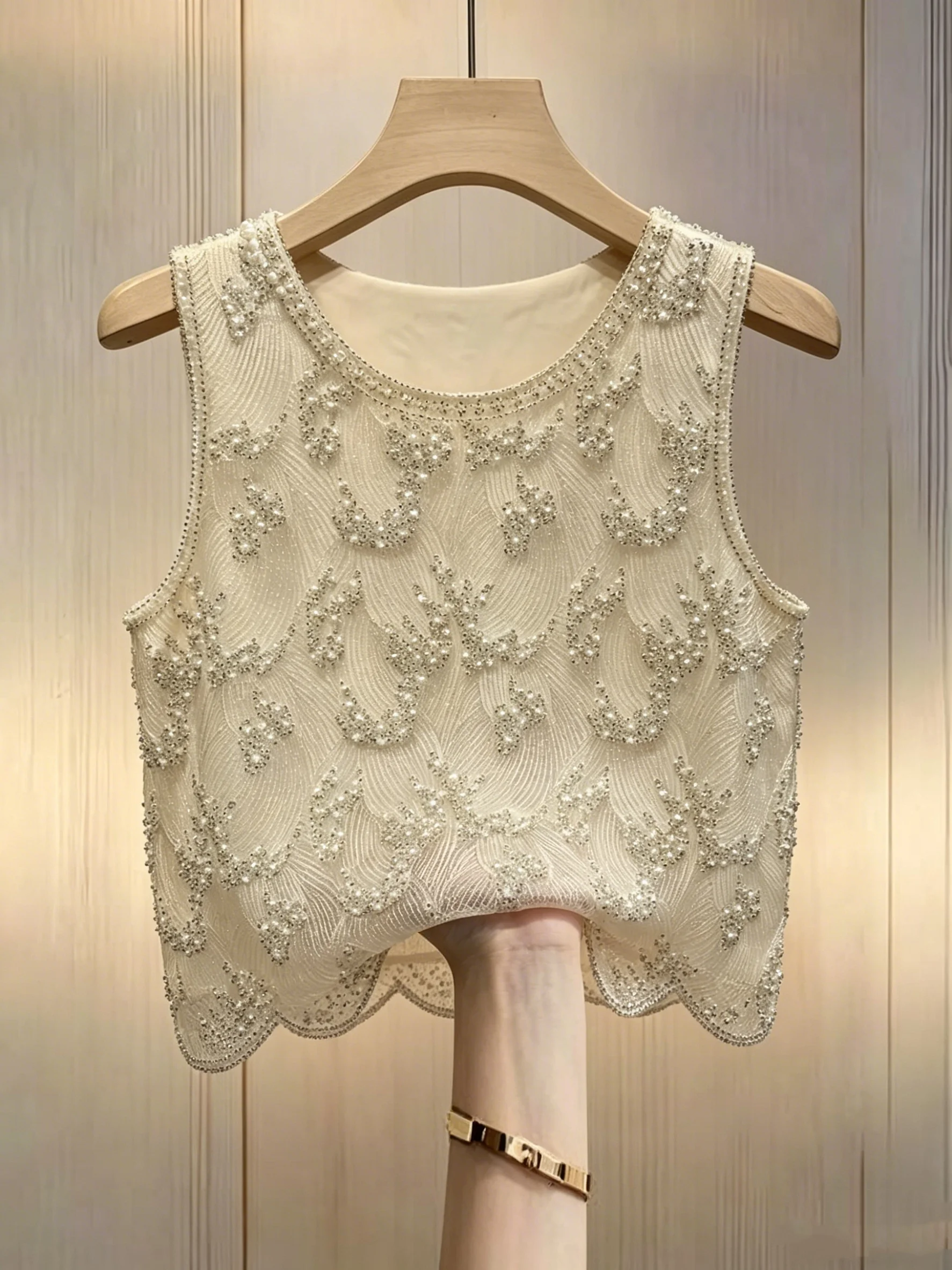 Elegant Handmade Pearl Apricot Tank Top Party Wear for Women - Shiny Bright Casual Fashion Sequined Tank Top, Versatile Holiday