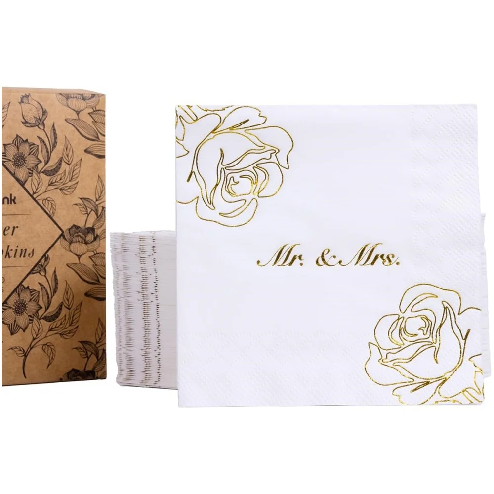 

50pcs White Mr. & Mrs. Gold Foil Cocktail Napkins, 3-Ply 5x5-Inch Disposable Paper Napkins with Rose Design for Wedding, Bridal