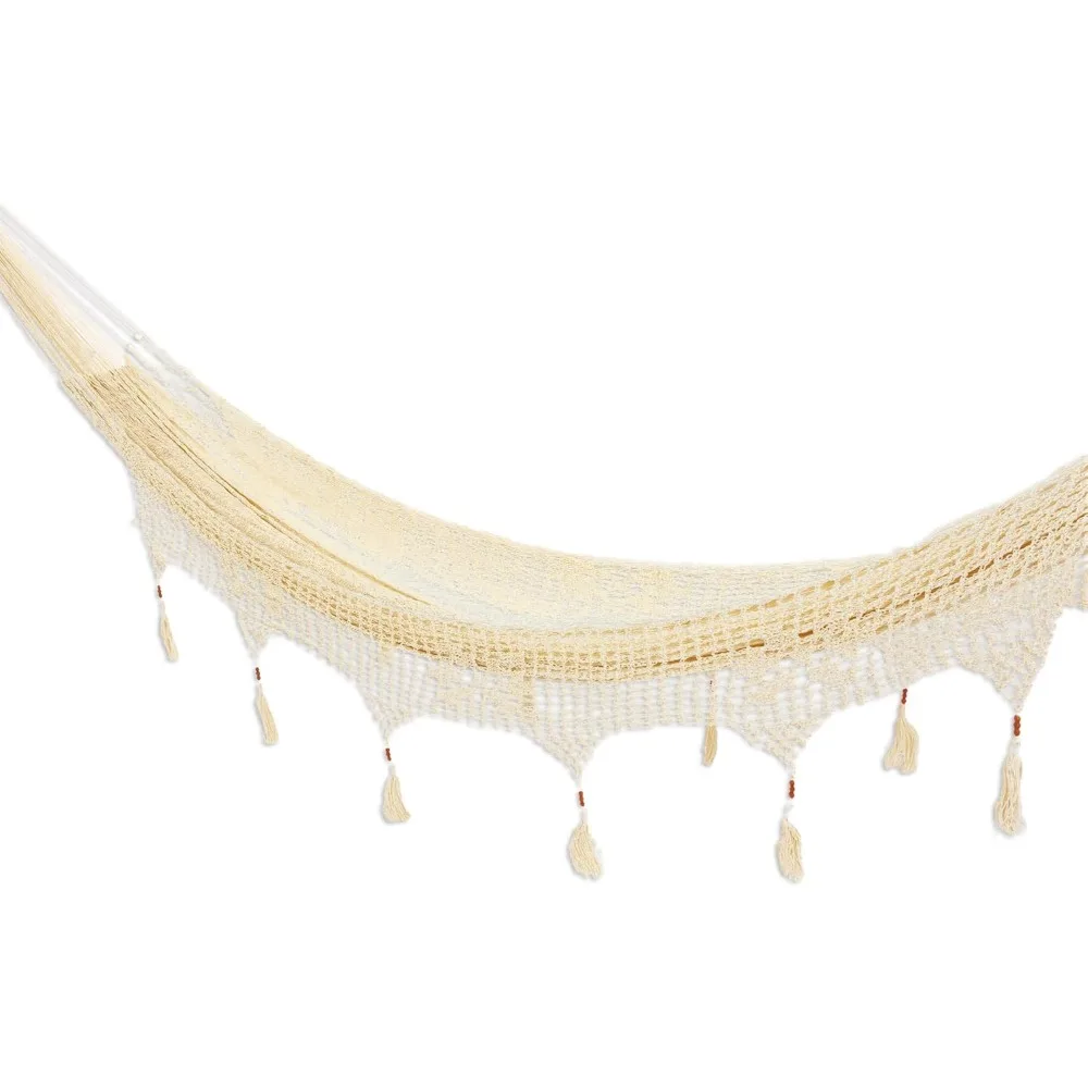 Handmade Hammock Solid Rope with Tassels Triple Ivory Nylon Mexico Mayan Shabby Chic Beach Bonfire