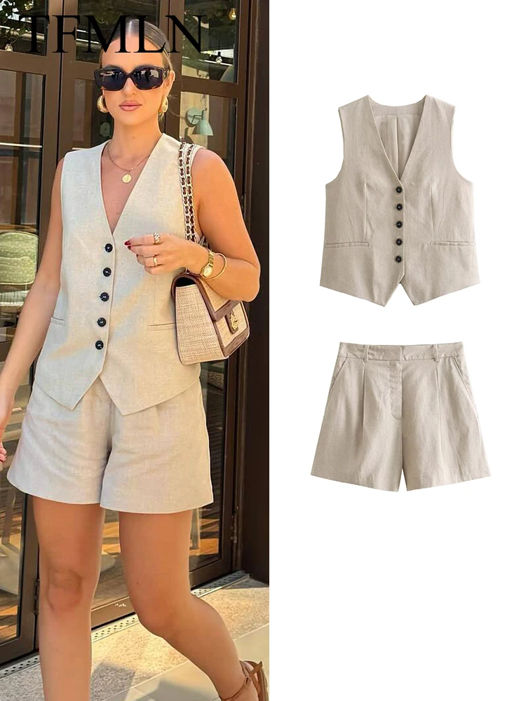 TFMLN Fashion Women Linen Shorts Sets 2024 Vintage Solid Single Breasted V Neck Waistcoat Tops Summer Office Lady Suits