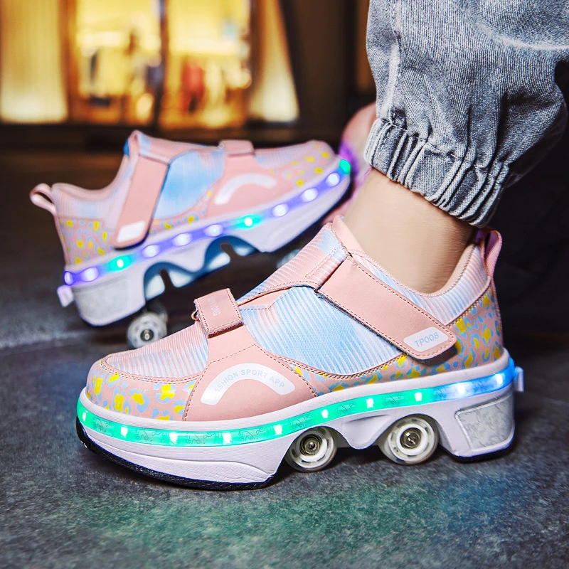 Flashing or not Deformation Casual Roller Skates Parkour Sneakers Street Urban Fitness Sneakers 4 Wheels Roller Skating Shoes