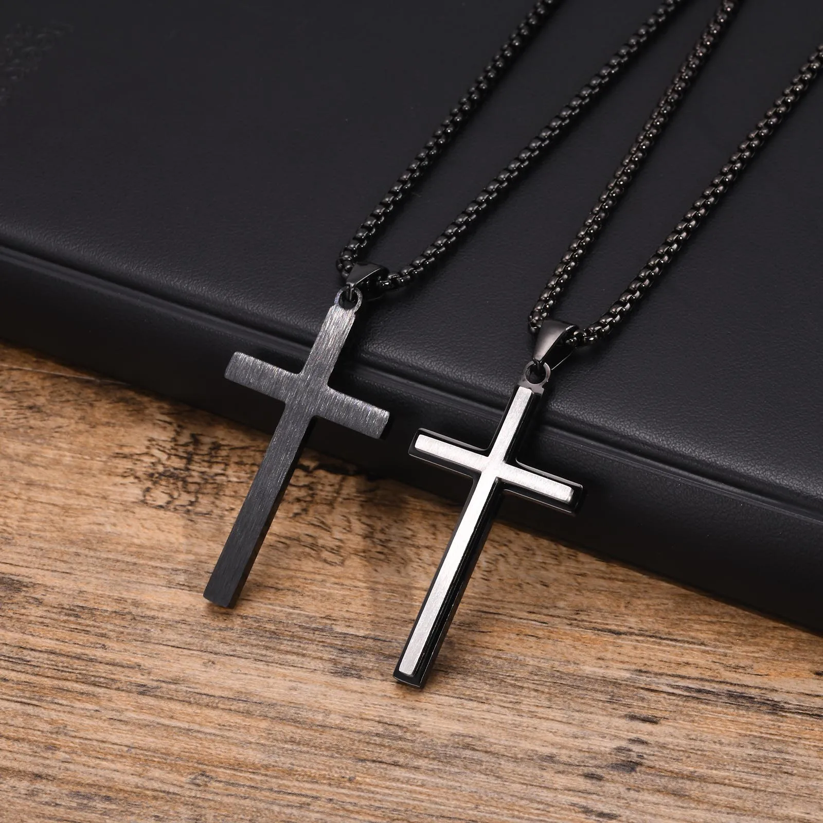 Vnox Double Layers Cross Necklaces for Men, Black Stainless Steel Religious Faith Prayer Pendant Collar, Male Gifts Jewelry