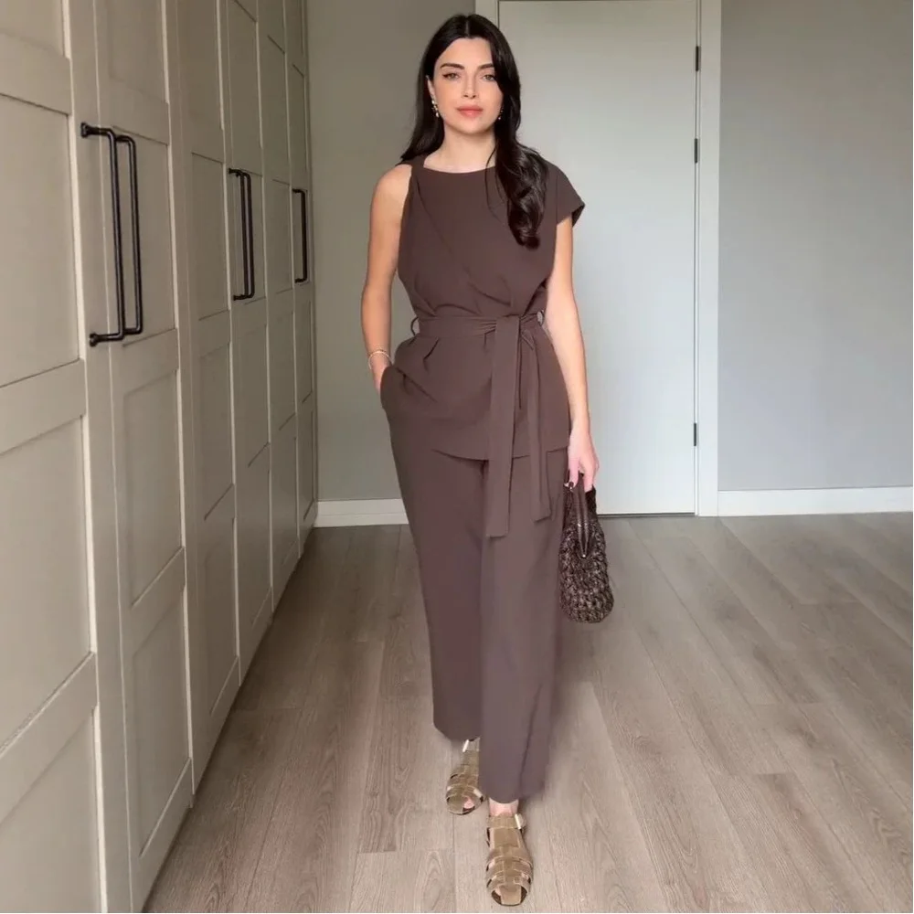 

Women's Summer Short Sleeve Tops Blouse Tee with Tie Front High Waist Wide Leg Pants Jumpsuit Matching Set