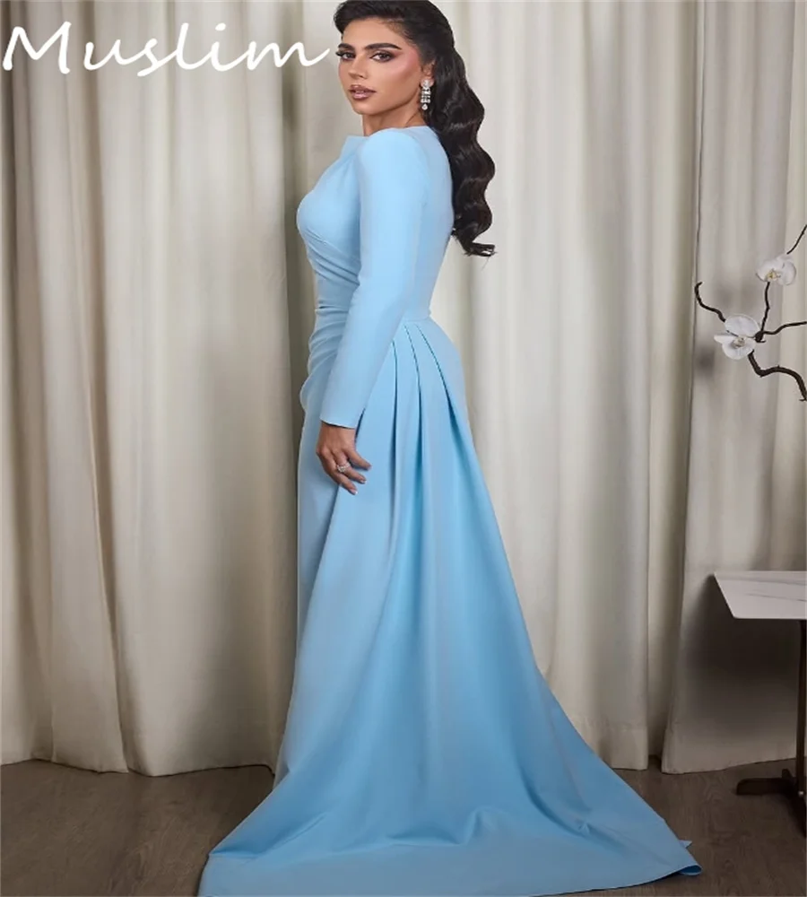 Vestido de noche de sirena azul claro con tren vestido de fiesta árabe musulmán manga larga ocasión de cumpleaños británica Formal personalizado