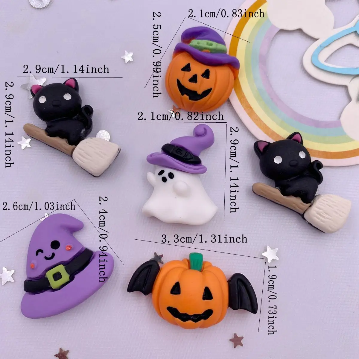 10PCS Resin Kawaii Colorful Pumpkin Demon Broom Elf Purple Hat Flat Back Cartoon Figurines Scrapbooks DIY Halloween Decor M428