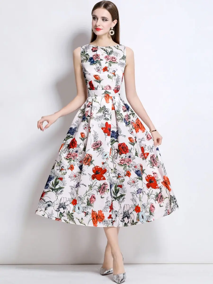 

Exquisite Flower Bird Printed Sleeveless High Waist Woman Dresses Elegant O-neck Folds Slim Cut Waisted A-Line Dress Party Night
