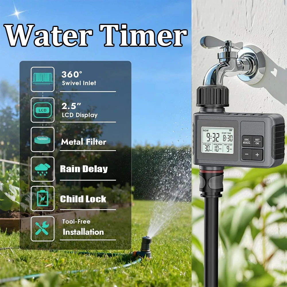 Water Timer, 1 Zone Outdoor Hose Timer for Garden Faucet with Auto/Manual/Rain Delay Mode, Sprinkler Irrigation Timers for Yard
