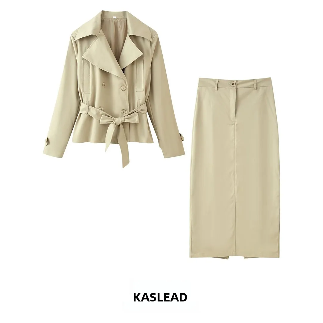 KASLEAD New Women's Fashion Windbreaker Coat with Stand Collar High Waist Split Skirt Set Long Sleeve Autumn Outfit Ensemble